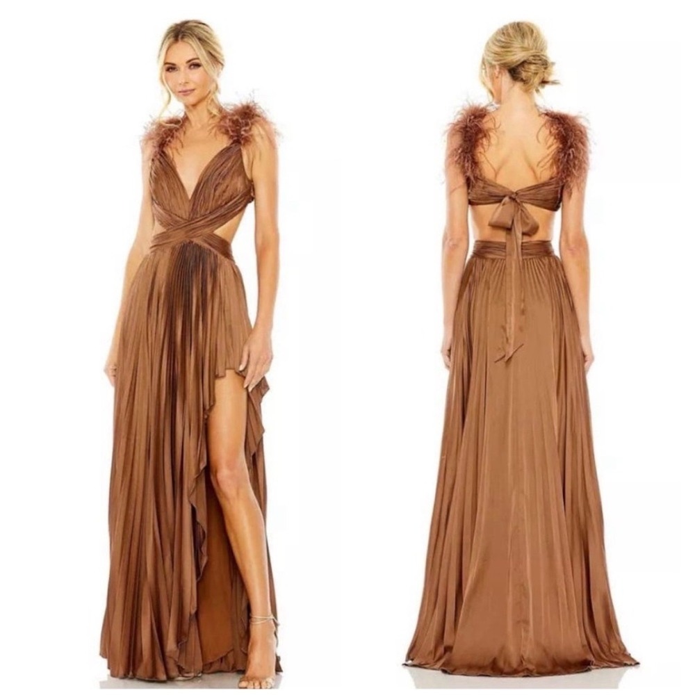 Mac Duggal Pleated Feather Cap Sleeve Open Back Gown Brown Size 4